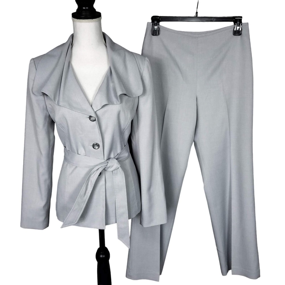 Isabella Light Gray Suit Shawl Collar Belted Jacket & Straight Leg Pants Size 8